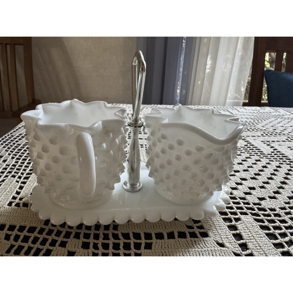Fenton Hobnail Milk Glass Sugar Bowl and Creamer Set With Tray Vintage